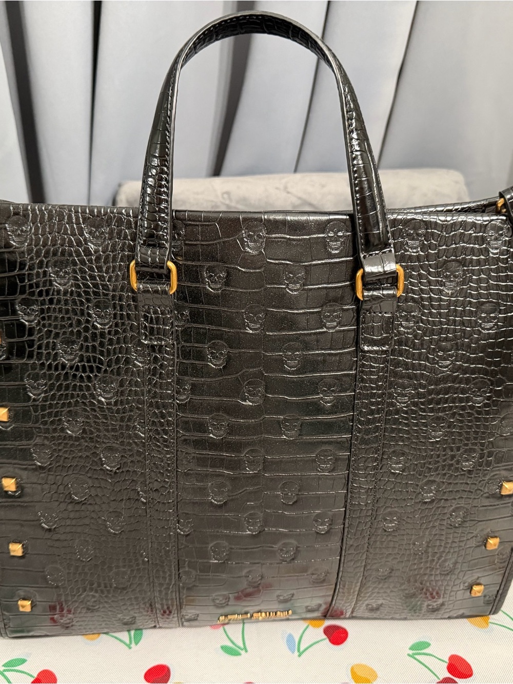 Betsey Johnson Black Croc-Embossed Tote with Gold Studs & Charm - Picture 2 of 3